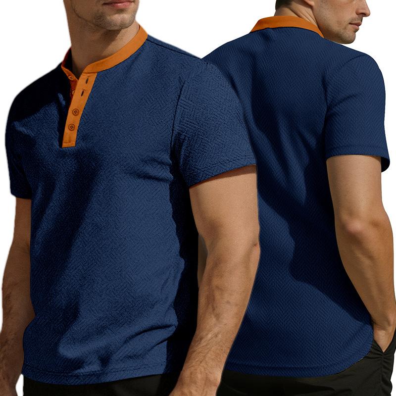 European and American Men's Clothing Summer Short-sleeved Casual Loose Breathable Towel Jacquard Cloth Button-up Men's Shirt Henry Shirt