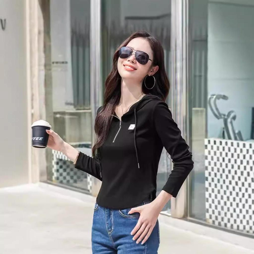 Damen Frühling und Herbst T-Shirt Modisches und vielseitiges koreanisches Slim Fit Kapuzen-Sweatshirt mit Reißverschluss aus Baumwolle