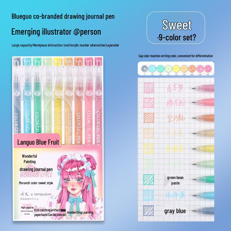 Blue Fruit Glitter Pen & Cartoon Artist Retro Paintbrush - DIY Color Journal for Students