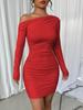 2025 European and American Fashion and Sexy Pleated Slim-fitting Long-sleeved Hip-wrapped Diagonal Neck Solid Color Dress Women's Clothing