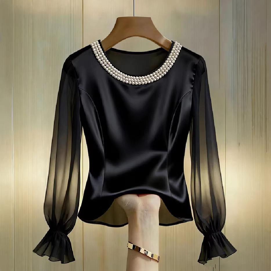 Spring Autumn Women's Round Neck Blouse High-end Pearl Satin Shirt Top