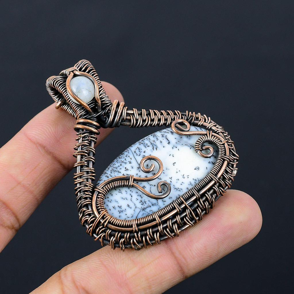 Dendrite Opal Gemstone Pure Copper Wire Wrapped Handmade Jewelry Pendant