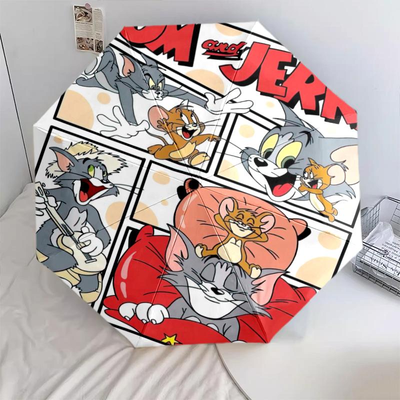 1pc Tom and Jerry pattern Umbrella Portable Folding Umbrella Iron Frame Hole Bone Structure Outdoor Home Umbrella
