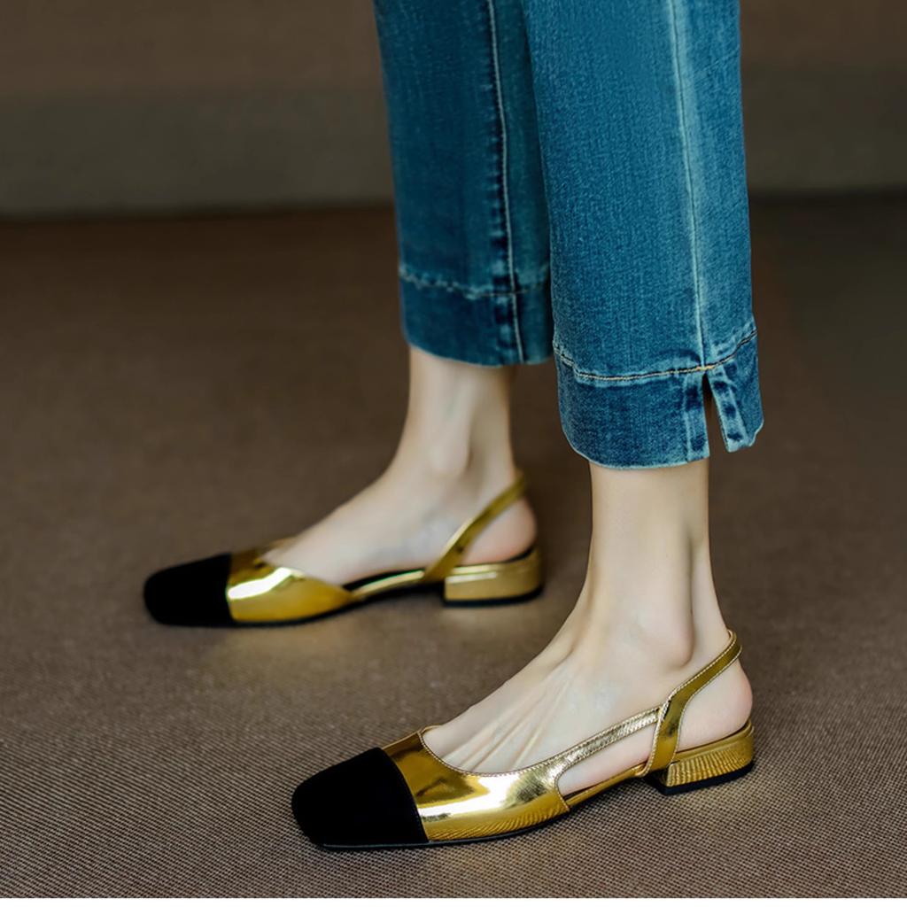 Xiaoxiangfeng Baotou sandals 2025 women's new summer mid-heel simple back empty color matching French high heels women's thick heel