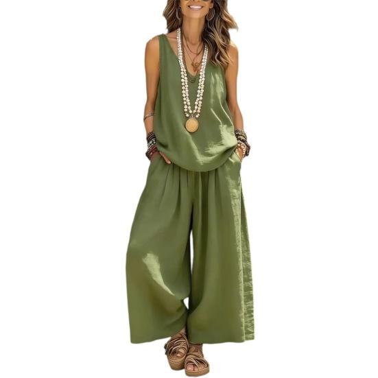 

Women s Summer Sleeveless 2 Piece Outfit V Neck Top And Wide Leg Pants Set Casual Vacation Matching Lounge Set S зелёный