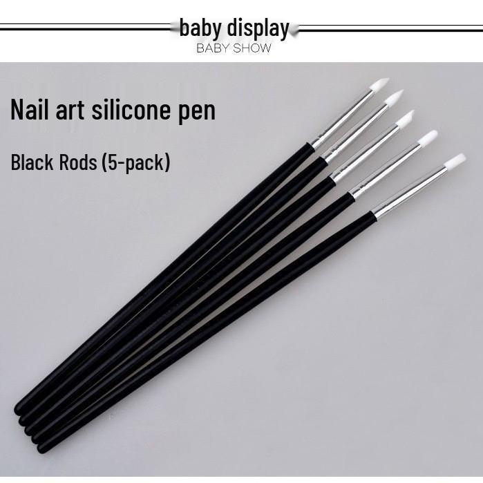 5-Piece Silicone Nail Art Brushes with Black Handles - For Carving, Embossing, Gradient, Blending, and Mirror Powder Application.
