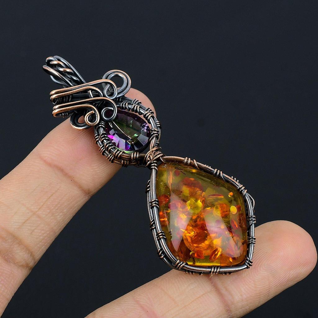 Baltic Amber & Mystic Topaz Pendant, 999 Copper Wire Wrapped Gemstone Jewelry, Handmade Pendant For Mother Day