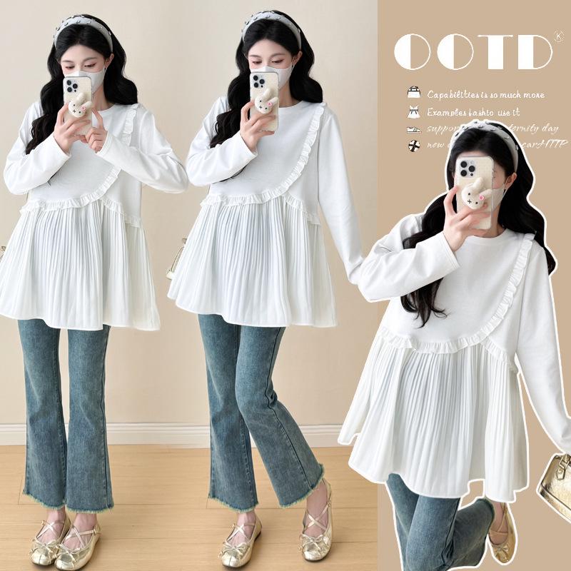 Elegant Korean Style Knit Pleated Maternity Doll Shirt - Spring/Autumn Fashion 2XL