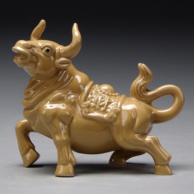 Earthy Yellow Ceramic Zodiac Ox Figurine: Soaring Spirit Auspicious Mascot for Home Relaxation