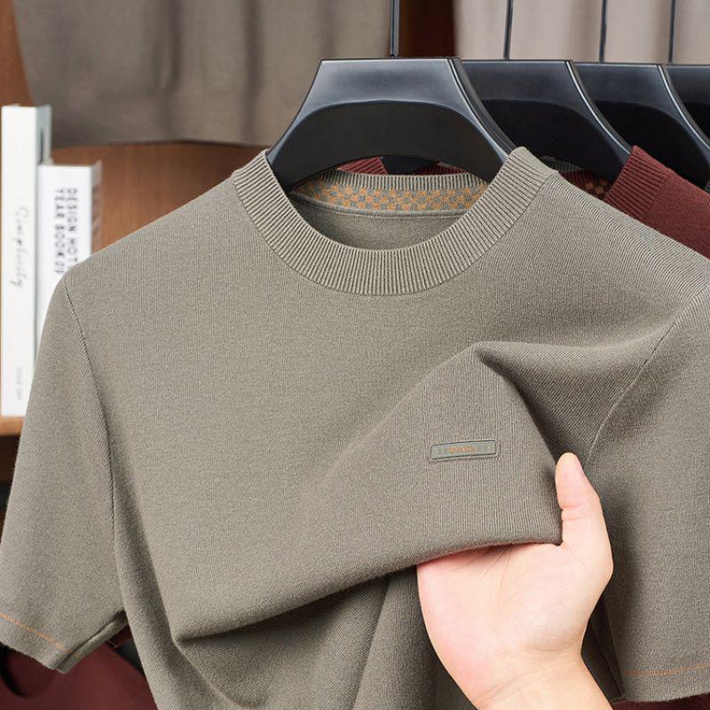 Мужской вязаный свитер с круглым вырезом из шелкового велюра - Осенне-зимний короткий рукав базовая модель 3XL зелёныйсерый 2240₽