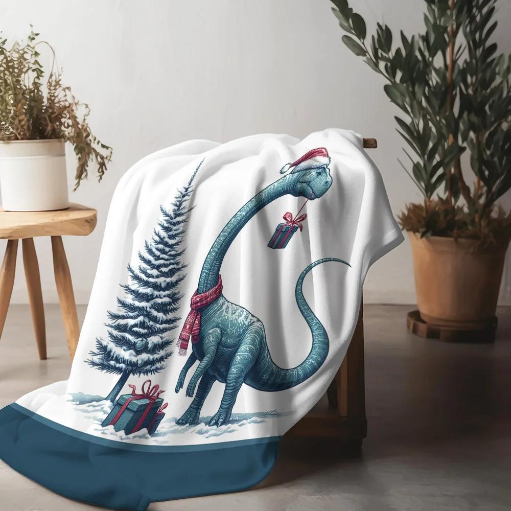 Christmas Dinosaur Fleece Blanket, Blue Long Neck Dino In Santa Hat with Gifts, Fun Festive Throw for Kids and Pet Lovers