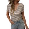 Women's Fashion Stripe V Neck Short Sleeved Pullover Casual T-shirt Top