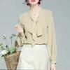 Elegant Fashion New Wild Bow Neck Chiffon Women's Spring Autumn Loose Lantern Sleeve Thin Tops Striped Graceful Blouses