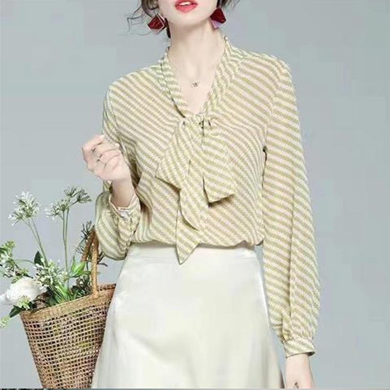 Elegant Fashion New Wild Bow Neck Chiffon Women's Spring Autumn Loose Lantern Sleeve Thin Tops Striped Graceful Blouses