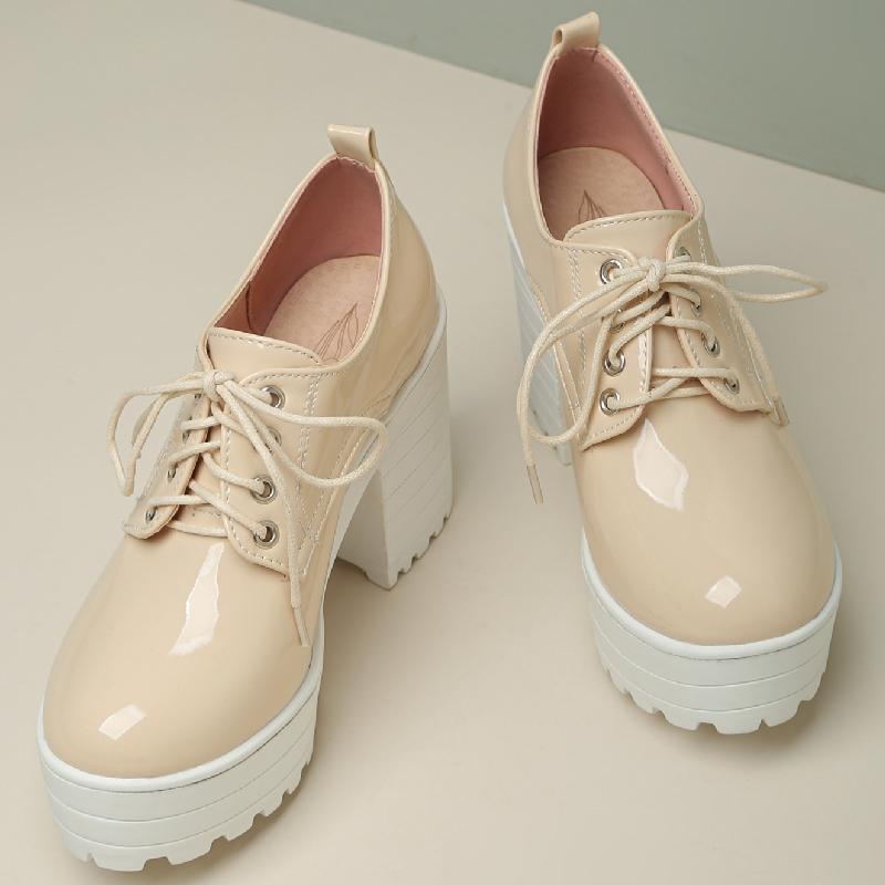 Schnürpumps Schuhe Frau Plateau Punk High Heels Weiblich Sexy Schwarz Weiß Beige Damen Absatzschuhe Runde Zehenpartie Partyschuhe Damen