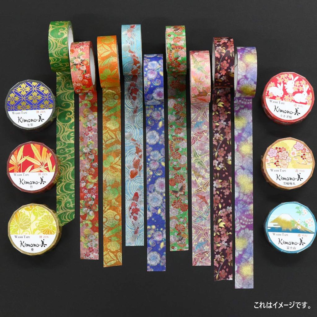 Kamiiso Japanese Washi Masking Kimono Set Origami 15mm Wide X 7m Japanese Pattern Design Tape, Beauty, 3-Roll (Crane, Crane, Mt. Fuji), Roll, Tape,