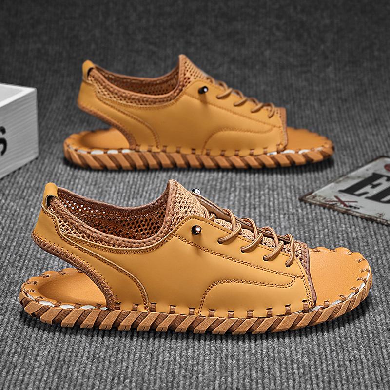 

Casual Sandals Breathable 2026 Summer Men Beach Luxury Design Sandals Hollow Leather Shoes Men s Arrival Walking Hole Sandals 38 пшеничный