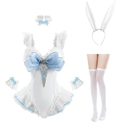 White and Blue Bunny Girl Cosplay Bodysuit with Bunny and Lace Cute for Photo and Halloween and Blue Ribbon Bunny Size [Excellent Quality] Ribbon,