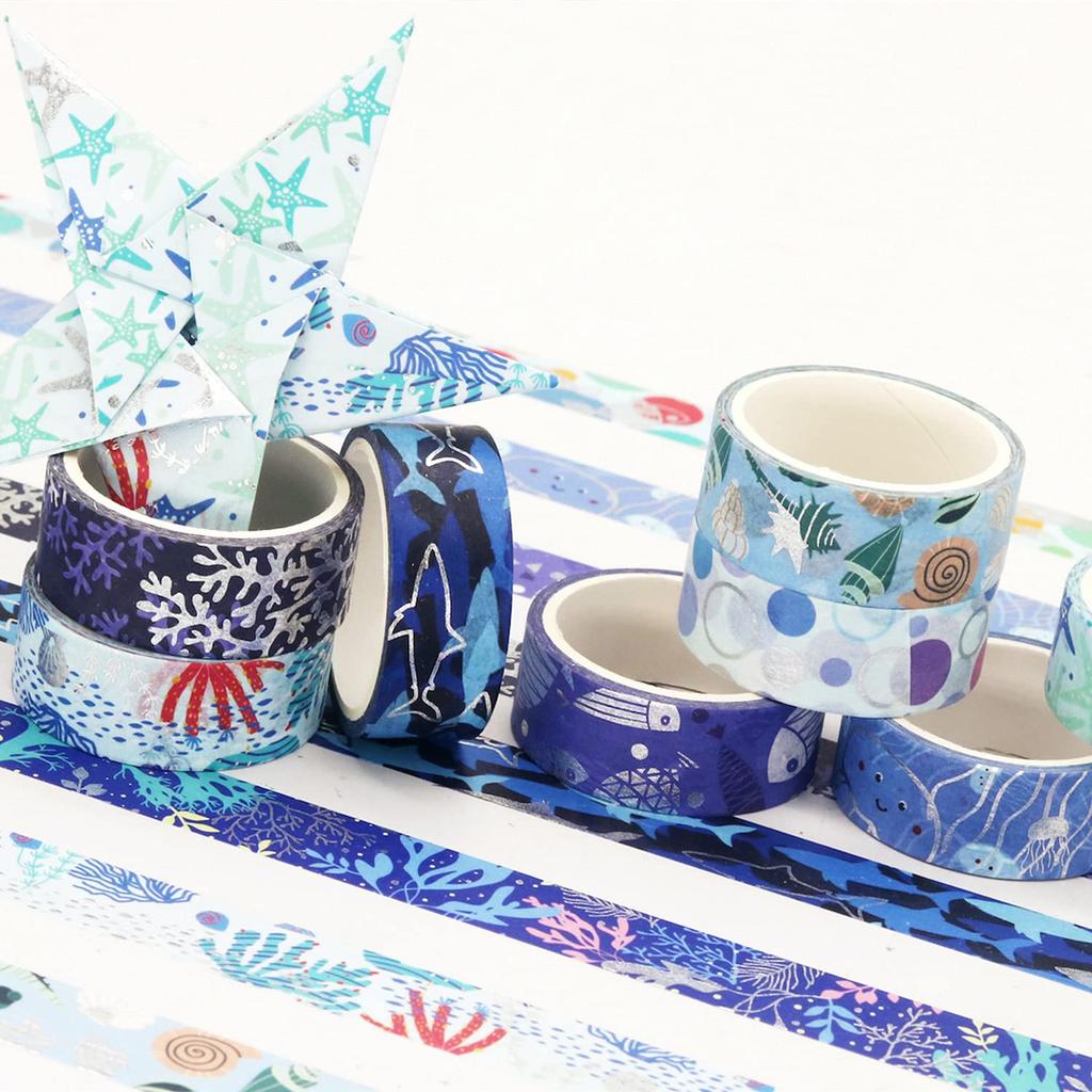 YUBX Masking Tape Set Washi Paper Ocean Blue with Silver Foil for DIY and Gift Decoration 10-Piece - Tape, Stamping, Crafts, Journals, Planners,
