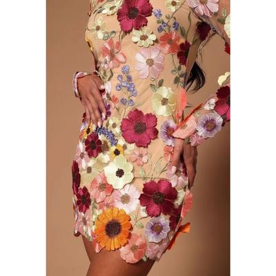 Spring Summer Women's European American Style 3D Flower Fashion Short Sexy Bodycon Mini Dress