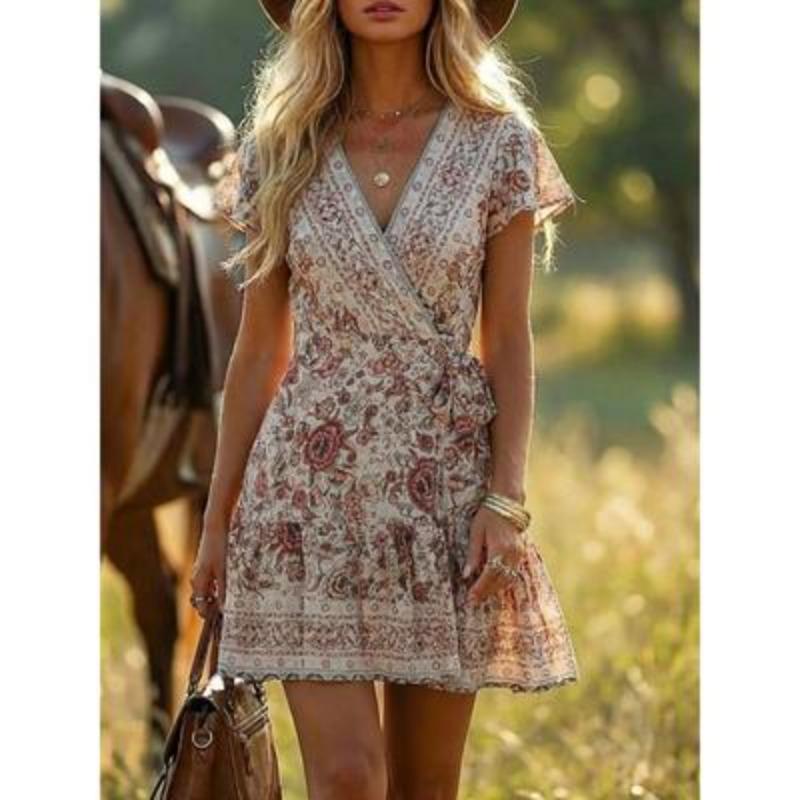 Mini Abito da Donna Boho con Stampa Floreale, Scollo a V, Incrociato, Maniche Corte, Orlo Arricciato