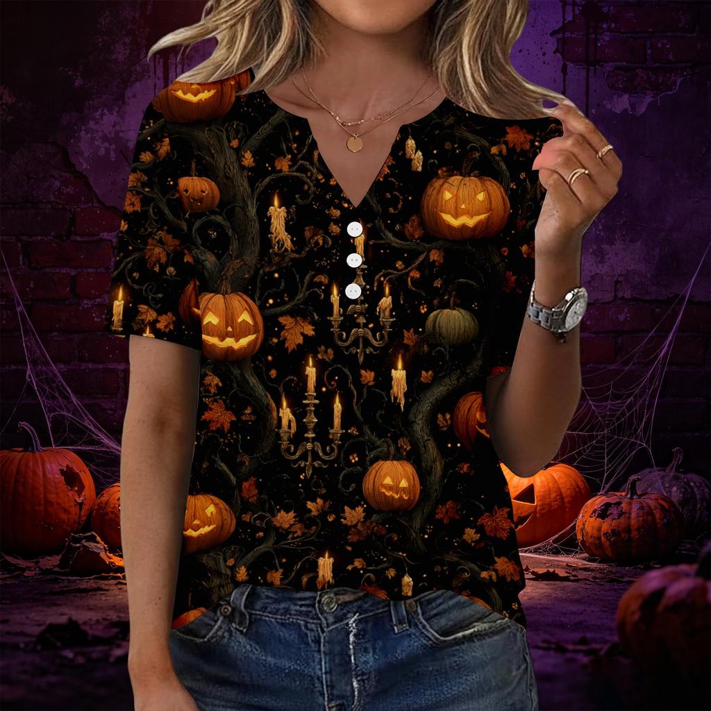 Women’s Casual Halloween Print V Neck Short Sleeve T Shirt Top with Decorative Button for Everyday Wear
