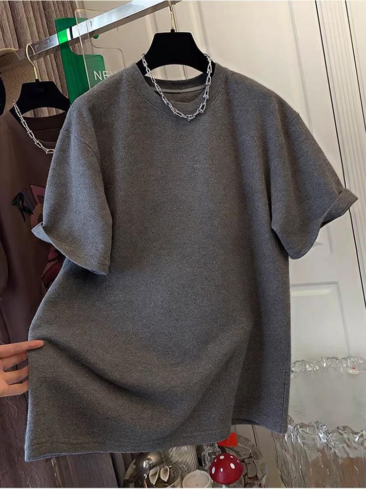 2026 Spring/Autumn Women's Loose Fit Thickened Pure Cotton Round Neck Short Sleeve Mid-Length T-Shirt