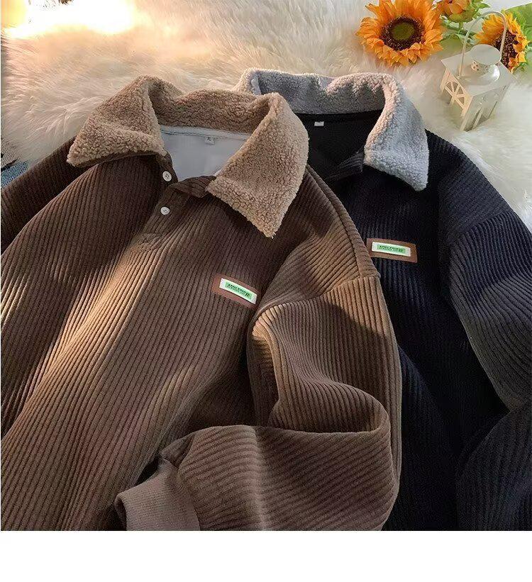 Felpa con Cappuccio e Colletto Polo in Velluto a Coste da Uomo - Stile Hong Kong Autunno/Inverno Top Casual Largo
