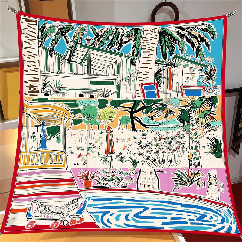 90Cm Classic Checkered Horse  Square Scarf Women Twill Silk Scarf Shawl Hijab Luxury Bandana Foulard Neckerchief Head Scarf