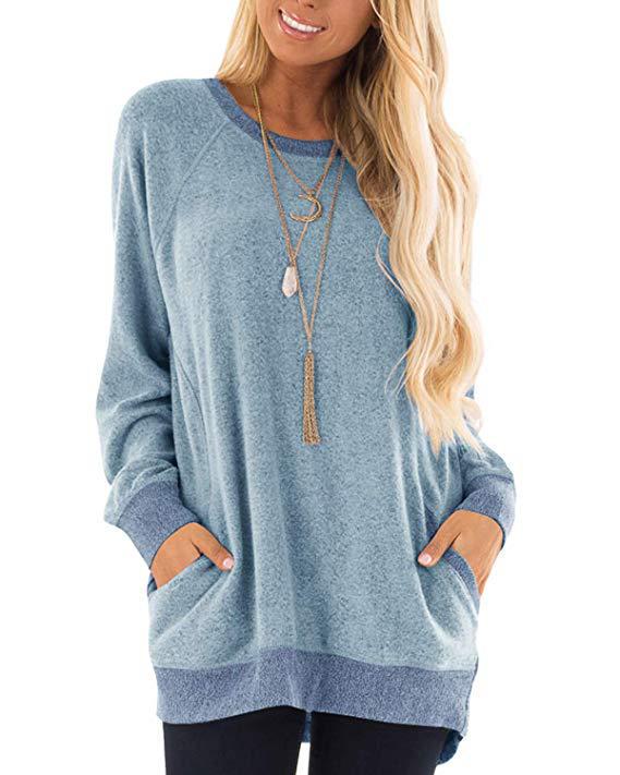 Sweatshirt à col rond bloc de couleur avec poche pour femme - Manches longues T-shirt décontracté