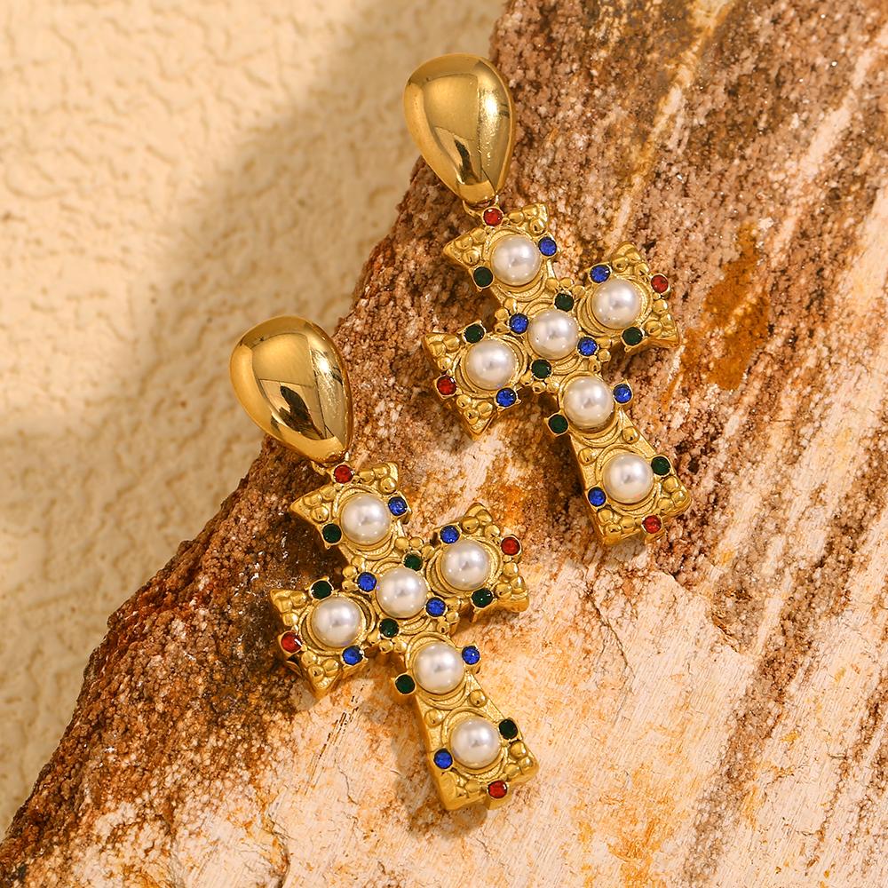 MamacitaSlay Vintage Imitation Pearls Cross Drop women's earring Tarnish Free stainless steel jewelry women Accessories
