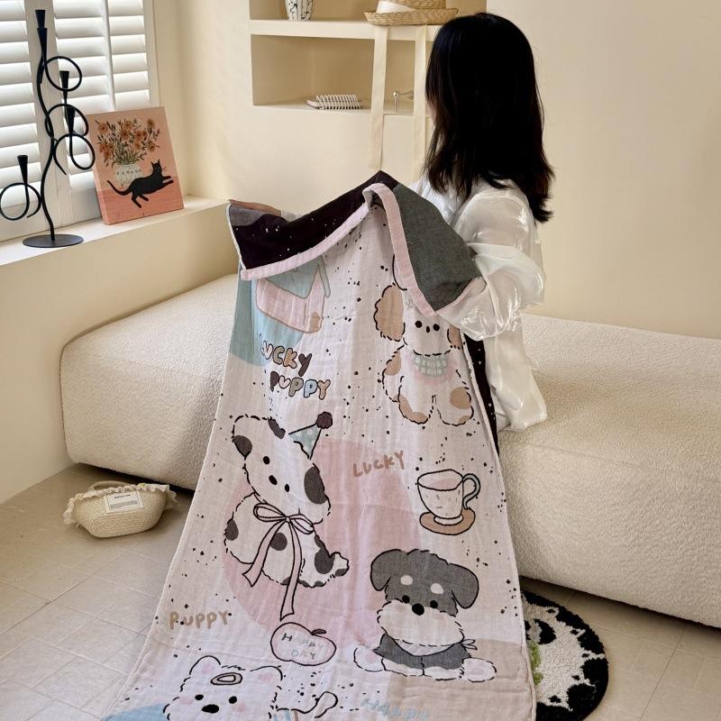 Four-Layer Yarn-Dyed Cotton Pure Cotton Washed Gauze Bath Towel Cartoon Cute Soft Skin-Friendly Breathable Durable 75X150Cm