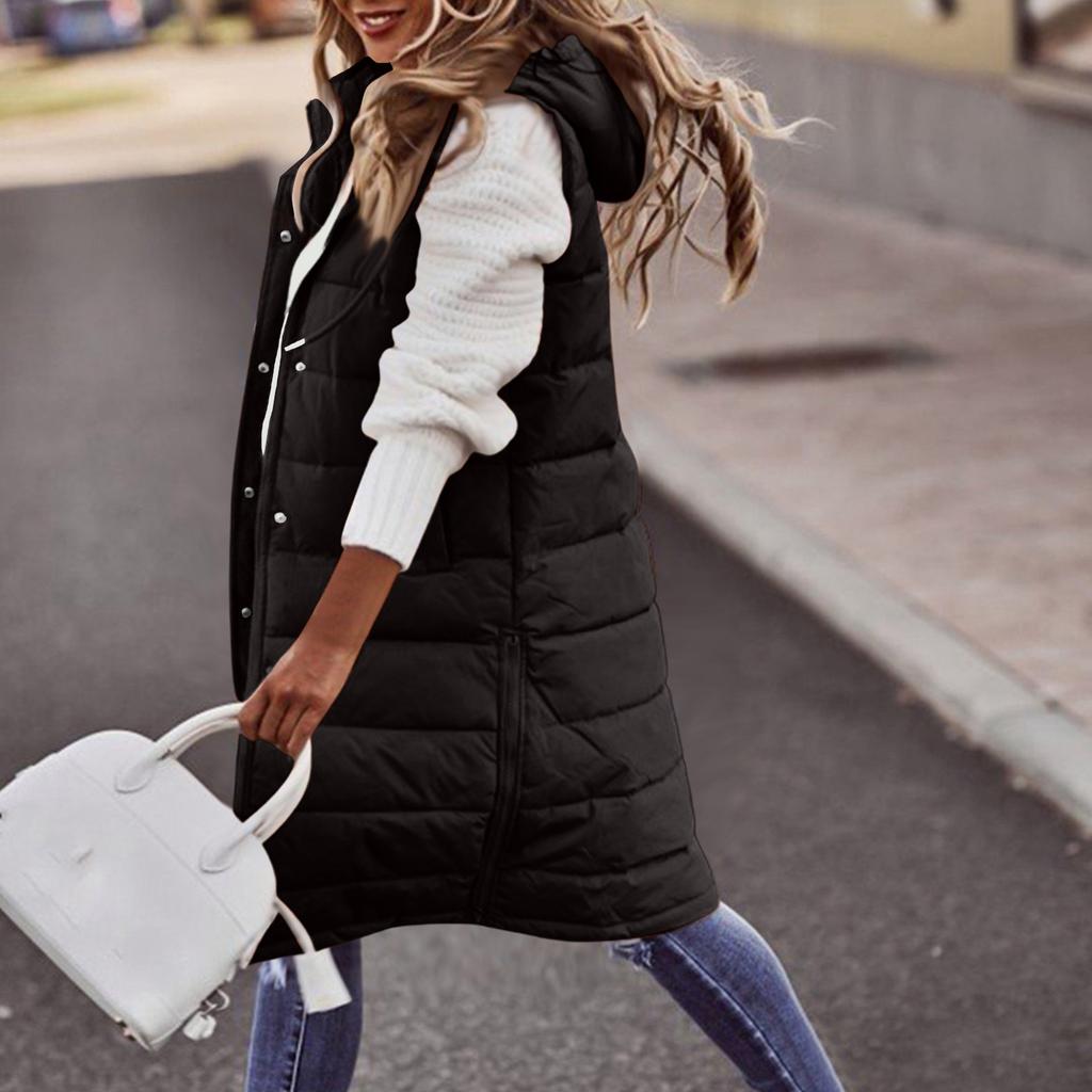 Women's Hooded Padded Vest Color Single-Breasted Mid-Length Slim Fit Sleeveless Jacket Coat