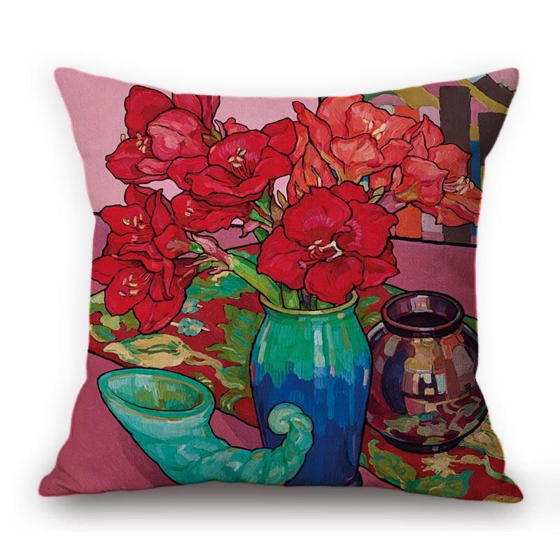 Modern Bright Color Still Life Flower Vase Oil Painting Cotton Linen Sofa Throw Pillow Case Home Decoration Cushion Cover