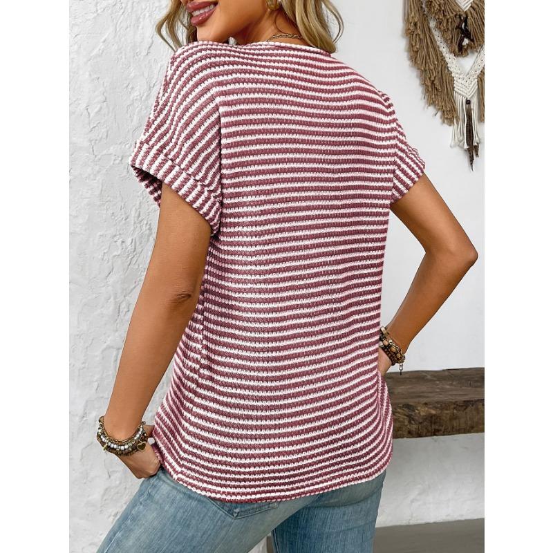 Summer New Women's V-neck Short-sleeved Loose Striped Casual Pullover T-shirt