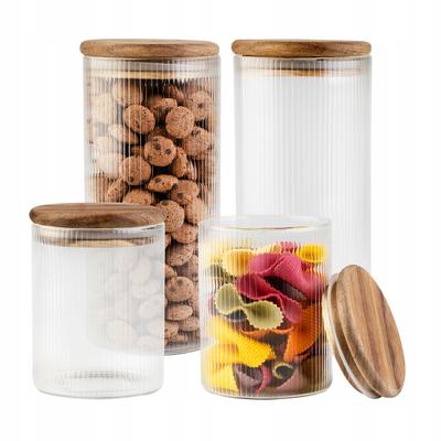 Set - 2x Glass Food Storage Container - Grooved with Wooden Lid 720 Ml + 2x Glass Food Storage Container - Grooved with Wooden Lid 420 Ml