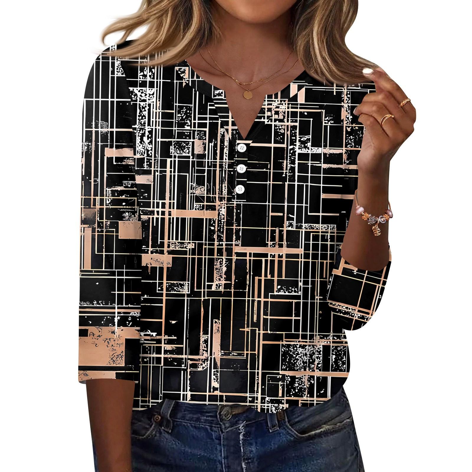 

Жіноча футболка з принтом на ґудзиках з рукавами 3/4, щоденна мода на вихідні, звичайний топ із V-подібним вирізом XXXL Темно-синій