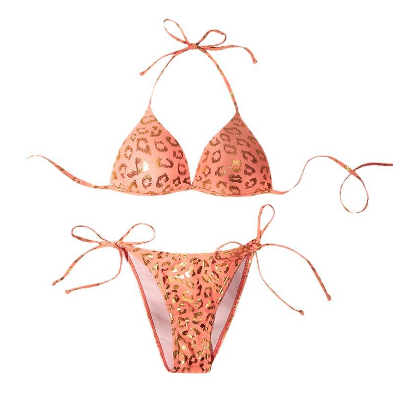 Korean Dongdaemun Leopard Print Peach Bikini - Sexy Push-Up, Tie-Up, Peach Pink Beachwear