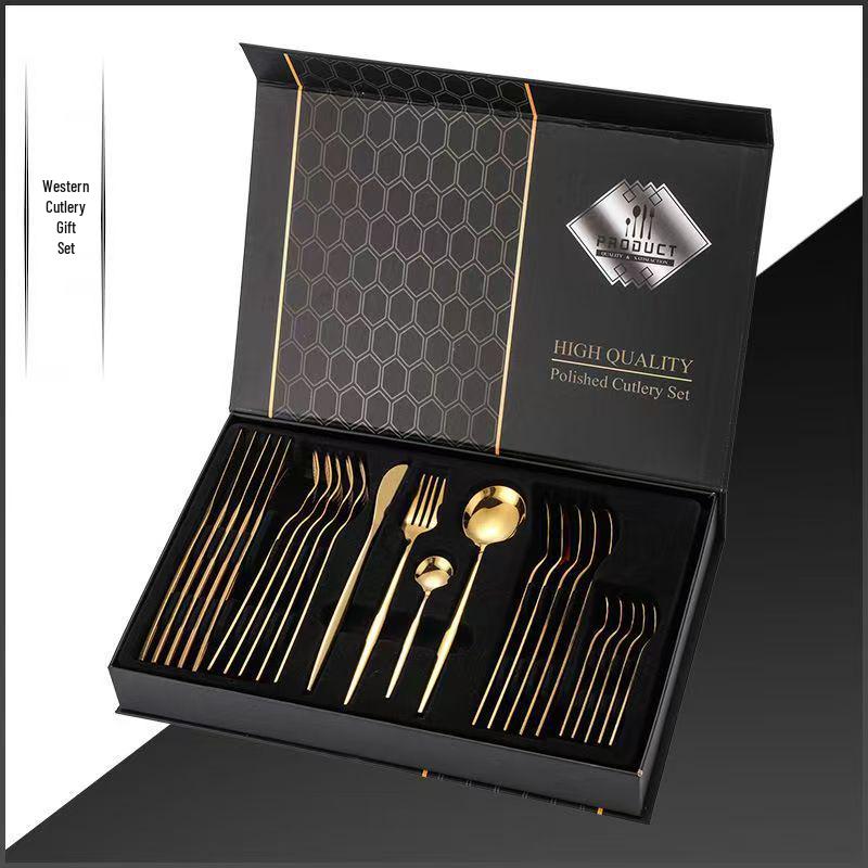 Stainless Steel 24-Piece Cutlery Set with Black Gift Box for Portuguese Restaurants - Includes Forks and Spoons