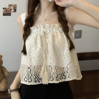 Female Summer Sweet Hook Flower Fungus Edge Tied Doll Lace Camisole Top