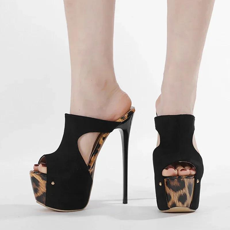 Fashion Sexy Leopard Print Peep Toe 16cm High Sandals Women Extreme High Heels Slippers Women Platform Sandals Summer Party Banquet Shoe