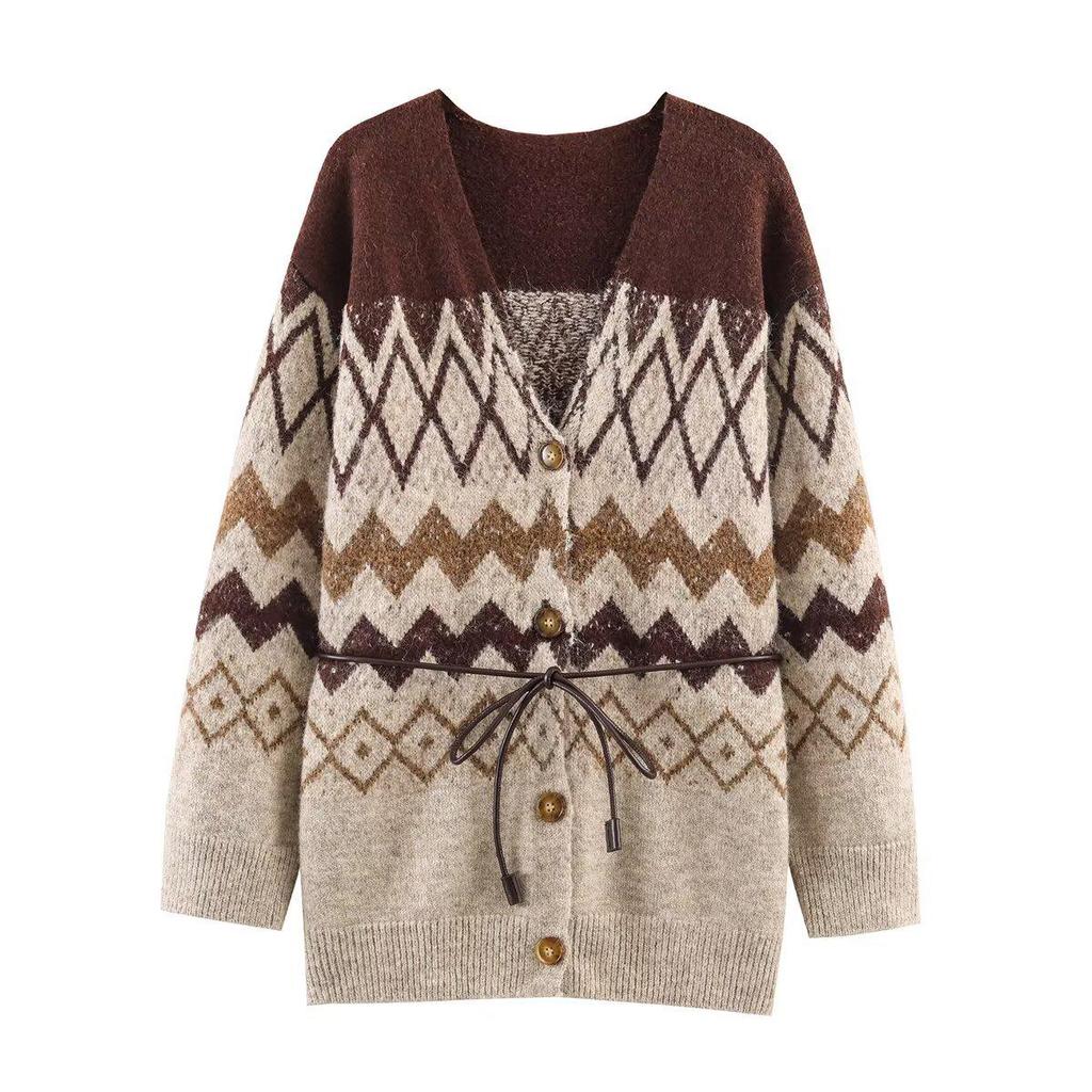 Retro Coffee V-Neck Jacquard Knit Cardigan - Elegant Long Sleeve Button Sweater (2026 European & American Style)