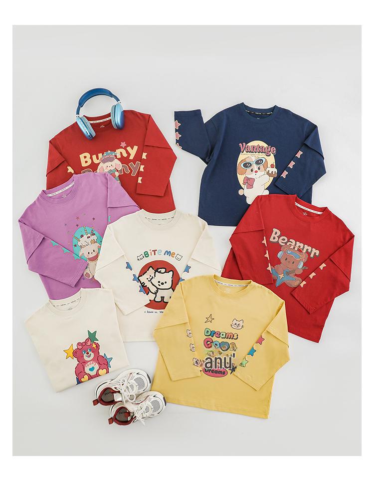 Wulibu Girls' Cartoon Print Faux Two-Piece Ribbed T-Shirt - Cute, Casual Spring 2025 Trend.