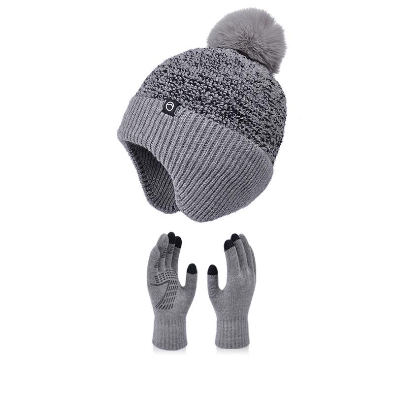 

Зимний плюшевый помпон, защита ушей, шапка-пуловер, перчатки для сенсорного экрана, шапка, теплый комплект из двух предметов, плюшевая вязаная шерстяная шапка, женская