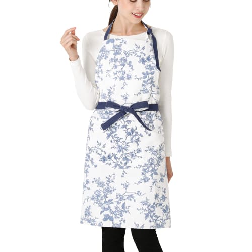 Francfranc Botanical Cotton Full Apron, Blue, 100% Cotton, Floral Print, with Pockets