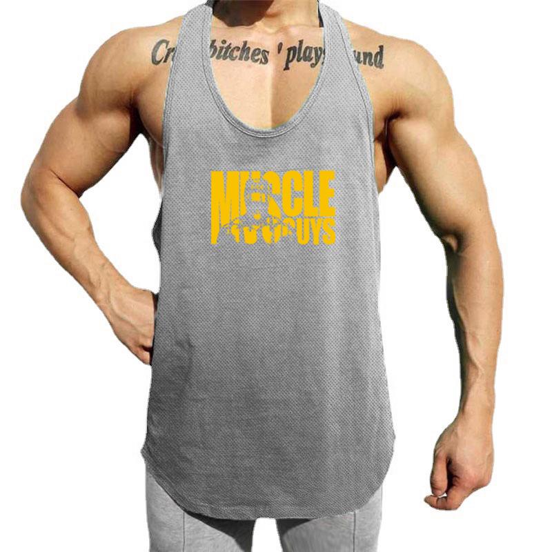 Muscleguys Herren Sommer Fitness Ärmellose Weste Mesh Quick Dry Sportswear Training Unterhemd Print T-Shirt Gym Bodybuilding Kleidung
