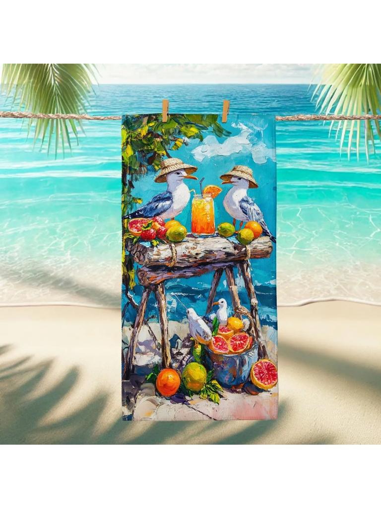 Vibrant Seagulls Fruit Beach Towel Turquoise Tropical Art Towel, Quick Dry Absorbent Sand Free Lightweight Beach Blanket, Summer