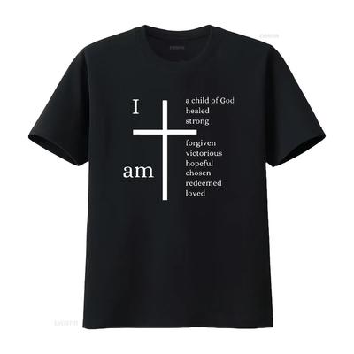 Herren I am a child of God Christliches Kreuz Design T-Shirt Schwarz Vintage Gewaschen Grafik Mann Stilvoll Mode Bequem Leicht