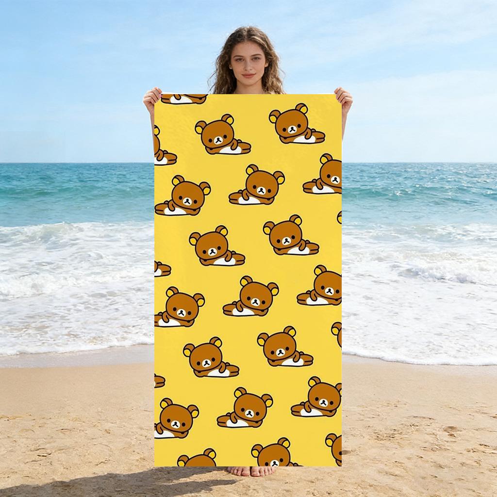 Toalla de Playa con Estampado Integral R-Rilakkuma, Linda Toalla Amarilla de Secado Rápido, para Piscina, Viajes, Camping y Uso Diario