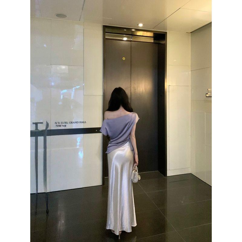 Kumikumi Pure Desire Style Set Sexy Sloping Shoulder Short Sleeve T-shirt Women Summer French Style Satin Hip Skirt Two-piece Set